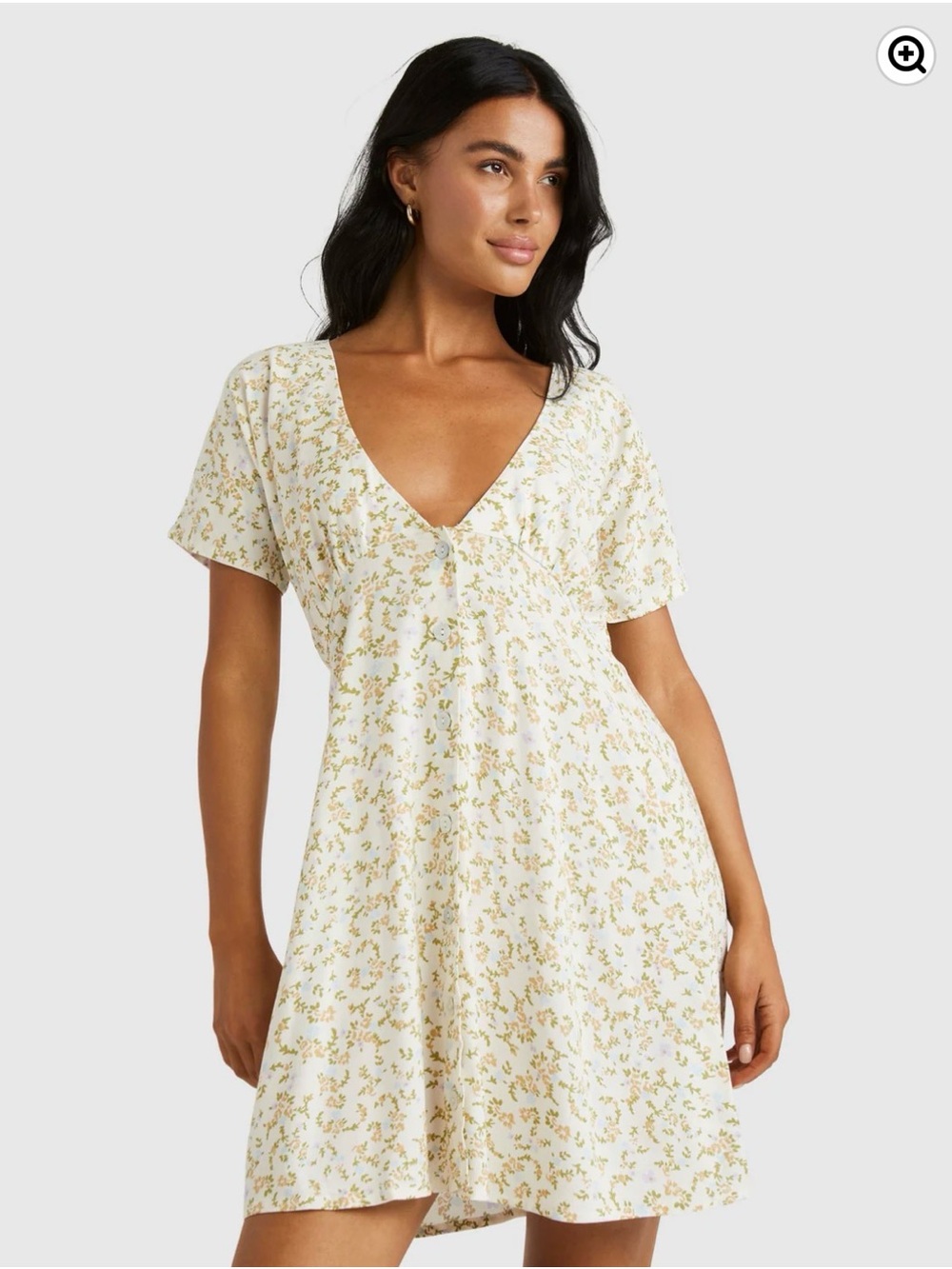 RVCA Floral Button Front Mini Dress 100% Viscose Cottagecore Boho Puff Sleeve